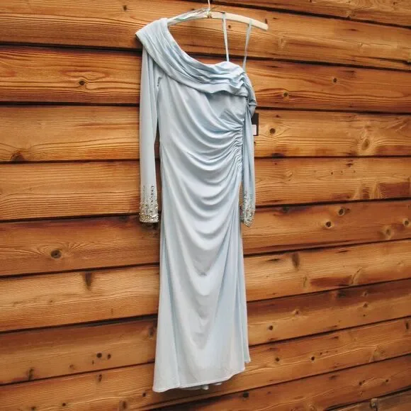 Mac Duggal 26485 Blue Foldover Long Sleeve Jeweled Midi Dress - Picture 6 of 14